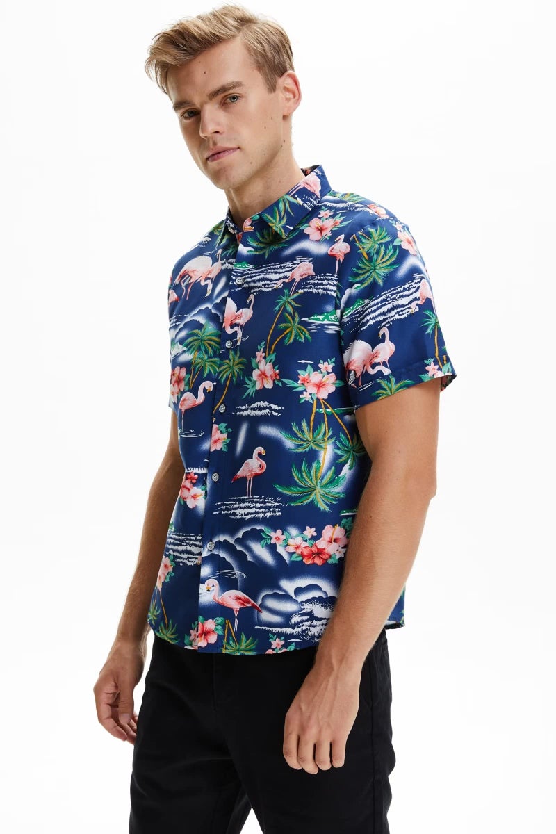 SSLR Mens Hawaiian Shirt Flamingos Casual Short Sleeve Button Down Shirts Aloha Shirt (Medium, Navy) - Image 3